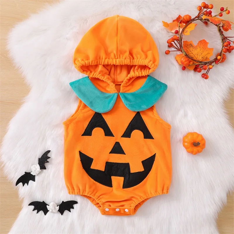 

Baby Girls Boys Rompers Hoodies Halloween Clothes Pumpkin Face Pattern Hooded Sleeveless Toddler Fall Bodysuits