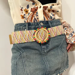 Women's belt Boho Colorful Trendy Straw Belt Round Buckle Wide Belts Classic Summer Beach Female Belts For Women Girls