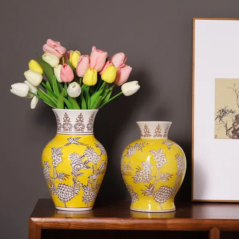 Creative Yellow Ceramic Vase Qinghua Porcelain Vintage Porcelain Vase Chinese Style Flower Vase Terrarium Room Decoration Access