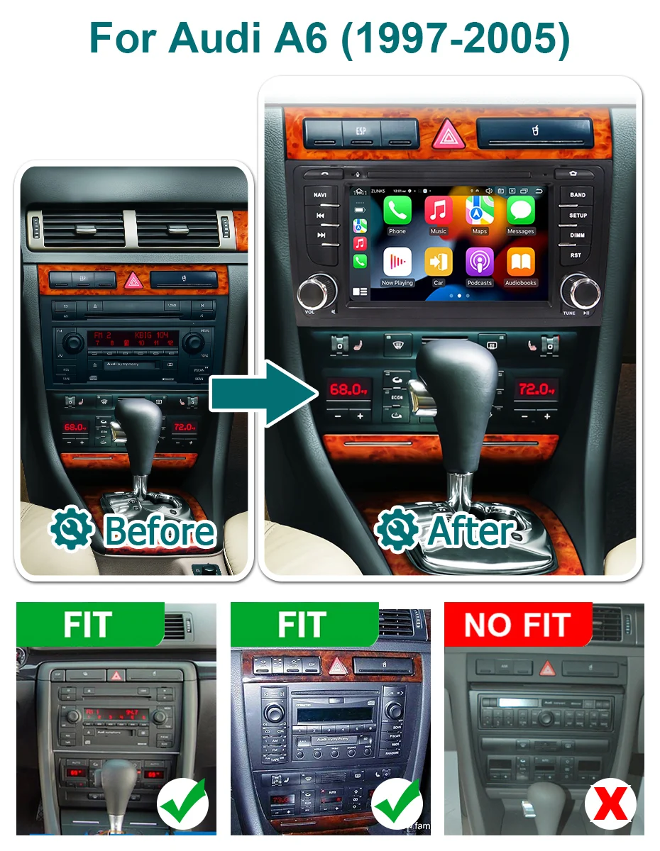 Android 15 Auto-Autoradio mit Wireless CarPlay Stereo für Audi A6 1997-2005, Bluetooth, 2-Din-Autoradio, Multimedia-Player, Navigation, Bildschirm, GPS, WLAN, 4G LTE – Detail 2