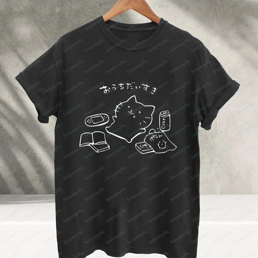 Japanese Hikikomori Lazy Cat Graphic T‑Shirt Cute Line Art Otaku Game Book Snack Print Short Sleeve Cotton Casual Streetwear Tee