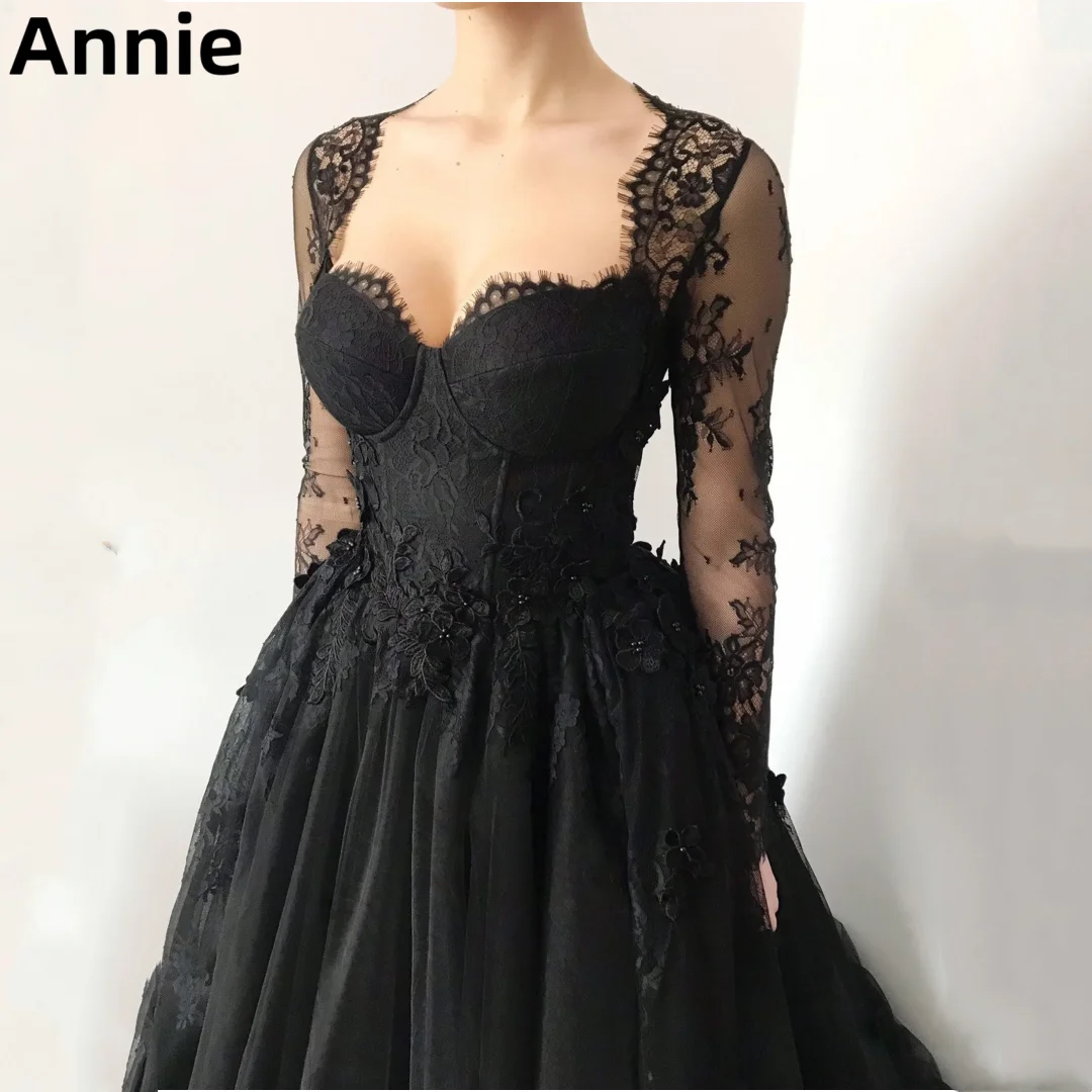 Annie Black Prom Dresses Luxury Lace Embroidery Evening Dress Vestidos Fe Fiesta Tulle Wedding Frmal Party Dresses Customized