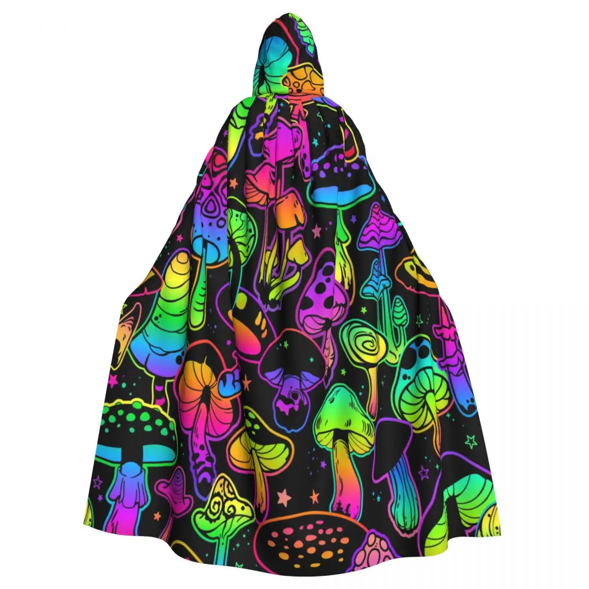 Adult Cloak Cape Hooded Psychedelic Mushrooms Print Medieval Costume Witch Wicca Vampire Elf Purim Carnival Party