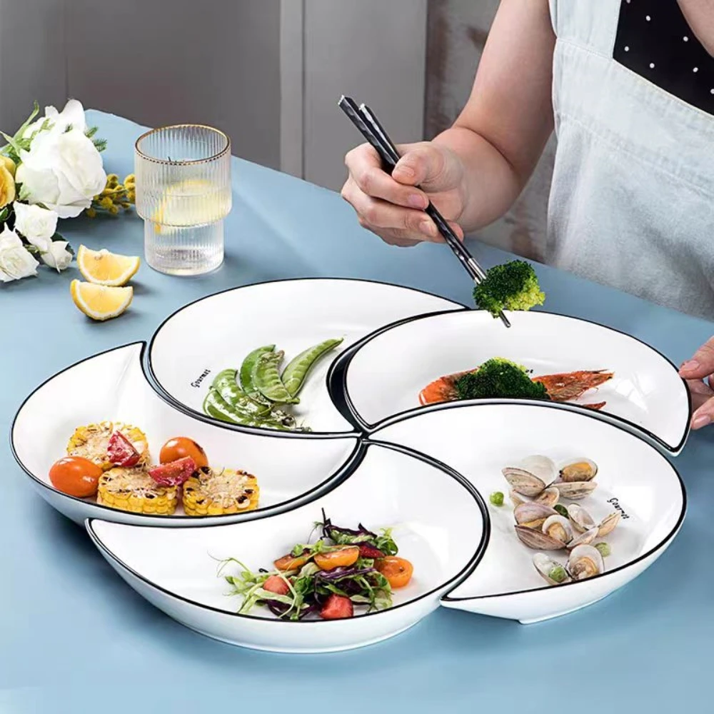 5-piece ceramic dinner set, reunion table set, moon shaped hot pot serving plate, ceramic plate layout combination