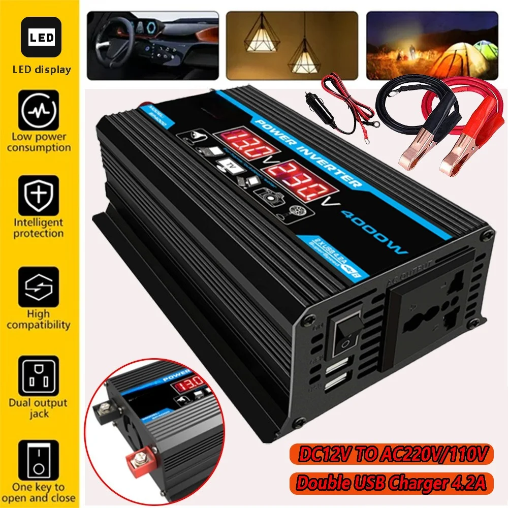 300W Pure Sine Wave Power Inverter – DC 12V to 220V/110V Car Converter with Dual USB & Display, Portable for Home/RV/Solar