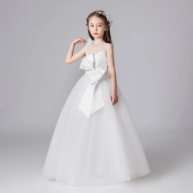 

Белые платья с цветочным узором для девочек по индивидуальному заказу на свадьбу длиной до пола с бантом, детское бальное платье без рукавов для дня рождения, первого причастия