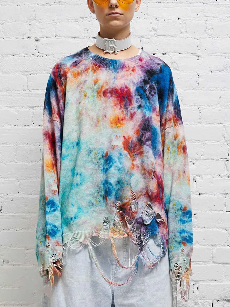 fall and winter rainbow tie-dye print torn loose pullover women2023korean fashion loose casual women\'s cold sweaters for winter