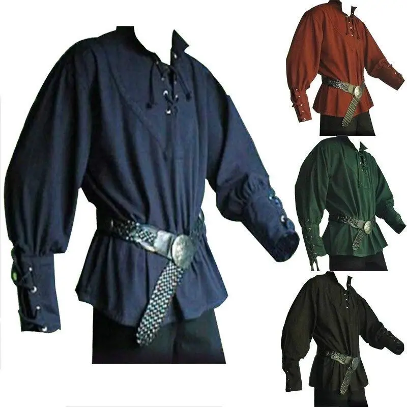 Camisa medieval clássica masculina, renascentista, parte superior do senhorio, fantasia cosplay, multi top