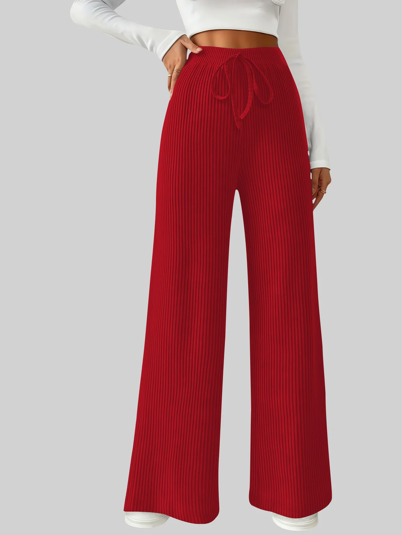 Einzelstück, einfarbig, einfach, vielseitig, lässig, elastische Taille, lange Damenhose, lässig, Basic-Stil, gestrickt, dehnbar, lockere Hose mit weitem Bein, mehrere Farboptionen