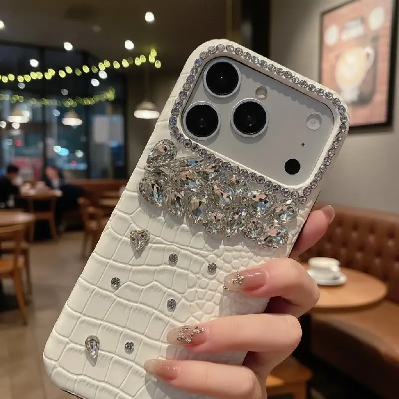 

Luxury Diamond Phone Case For iPhone 17 Pro Max 14 13 12 11Pro Jewelle Crocodile Grain Hard Leather Back Cover