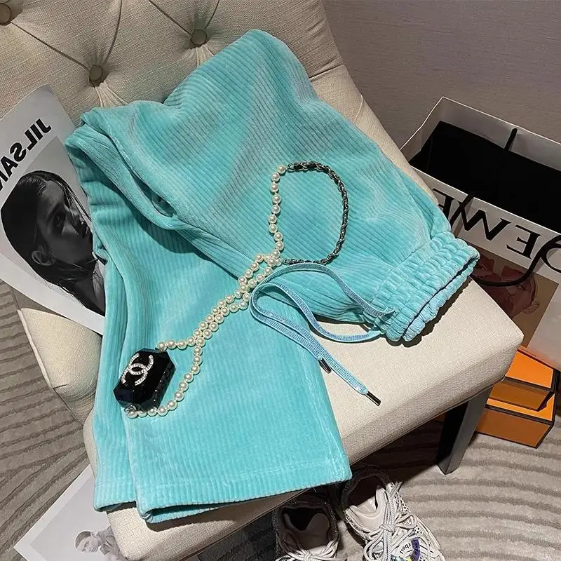 Lake Blue Thickened Wide Leg Pants Women\'s Loose Autumn Winter High Waist Warm Casual Sweatpants Trendy Korean Style Commute