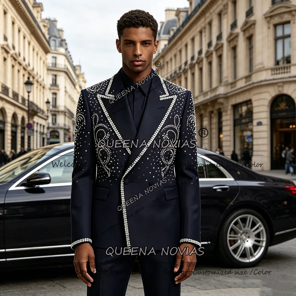 

Exclusive Version Wedding Suit For Man Double Breasted Jacket Pants 2 Piece Sets Beaded Stones Prom Blazer Custom Made Outfits