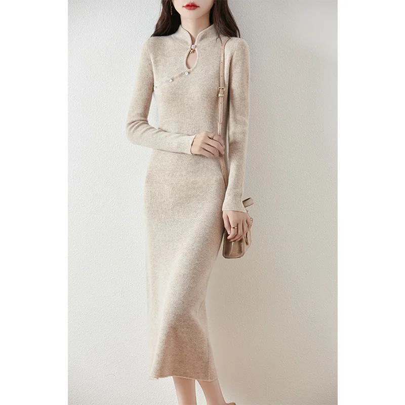 

Women Wool Dress Slim Sweater Skirt Autumn Winter 100% Merino Wool Knitwear Chinese Style Grace Slim Pullover Chic Long Dress