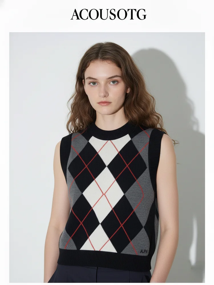 

Ele Woolen Knitted Vest round Ne Svel Commute Sle Diamond Pattern Women's Faion Autumn Season Core Material