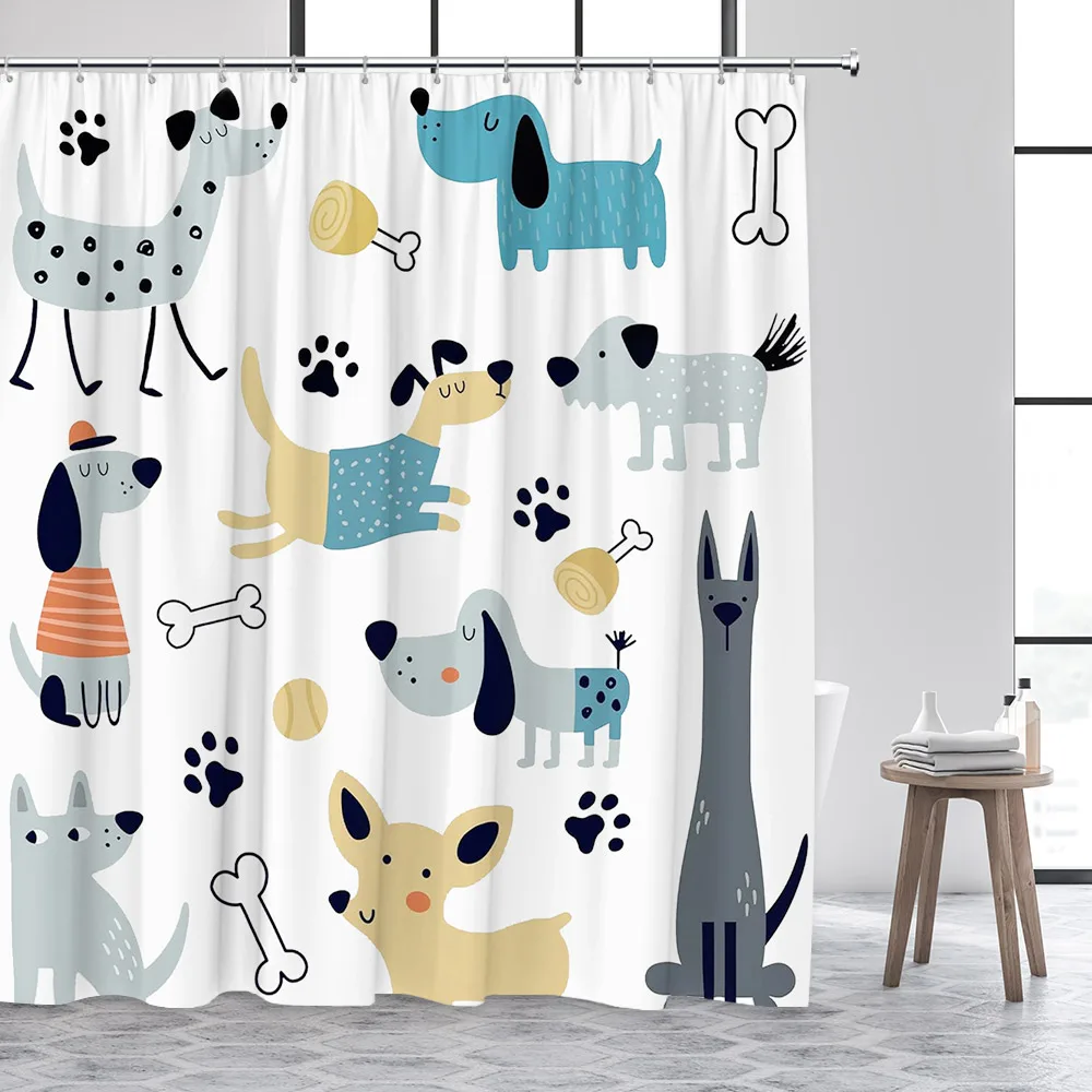 Funny Cartoon Dogs Shower Curtain Cute Dinosaur Tropical Fish Animals Footprints Kids Bath Curtains Polyester Bathroom Decor Set