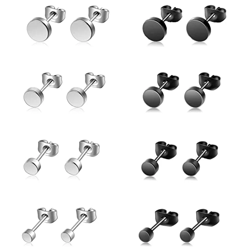 8 Pairs Stainless Steel Stud Earrings 3mm-6mm Unisex Punk Round Flat Disc Earrings Mens Womens Hypoallergenic Tiny Dot Ear Stud