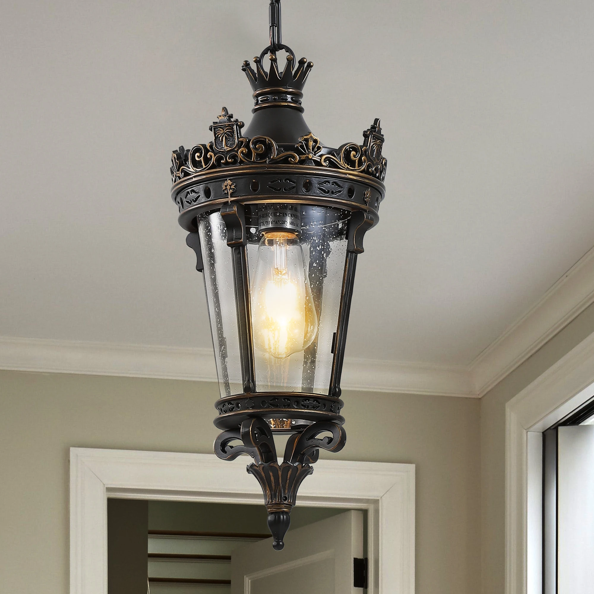 

Antique Crown Outdoor Hanging Lantern, Waterproof Vintage Pendant Light with Ornate Metal Design and Clear Glass (No bulb)