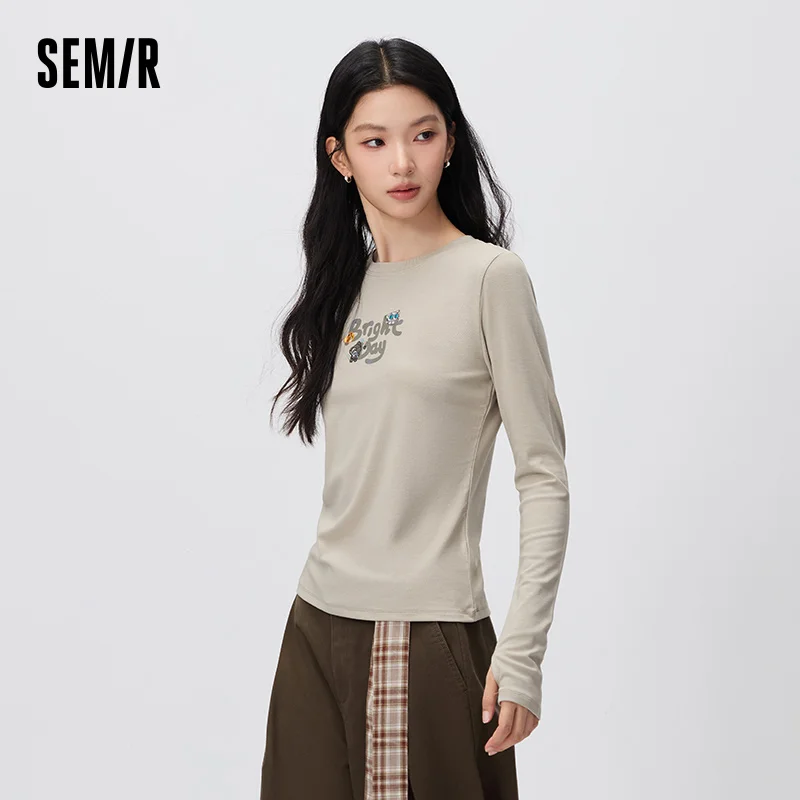 Semir Women Tshirt Letter Graphic Embroidered Detail Regular Shoulder Long Sleeve Slim Fit 2026 Autumn Everyday Wear