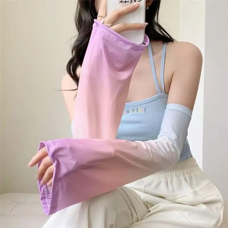 Set lengan pelindung matahari pendukung warna gradien lengan es, lengan terompet sutra es wanita, perlindungan UV luar ruangan, lengan musim panas