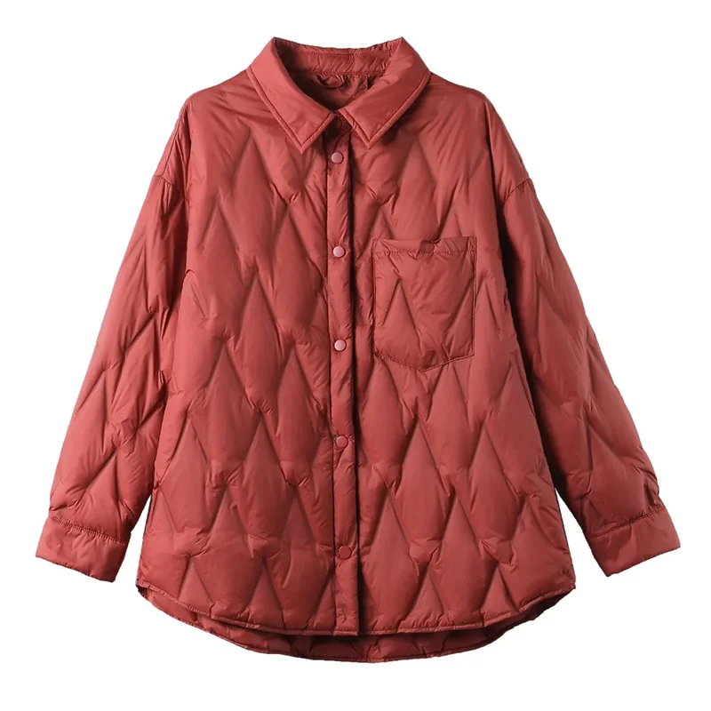 2025 Autumn Women Black Thin Cotton Quilted Coats Female Casual Lapel Jacket Female Spring Outerwear Red Button Padden Shirt Top