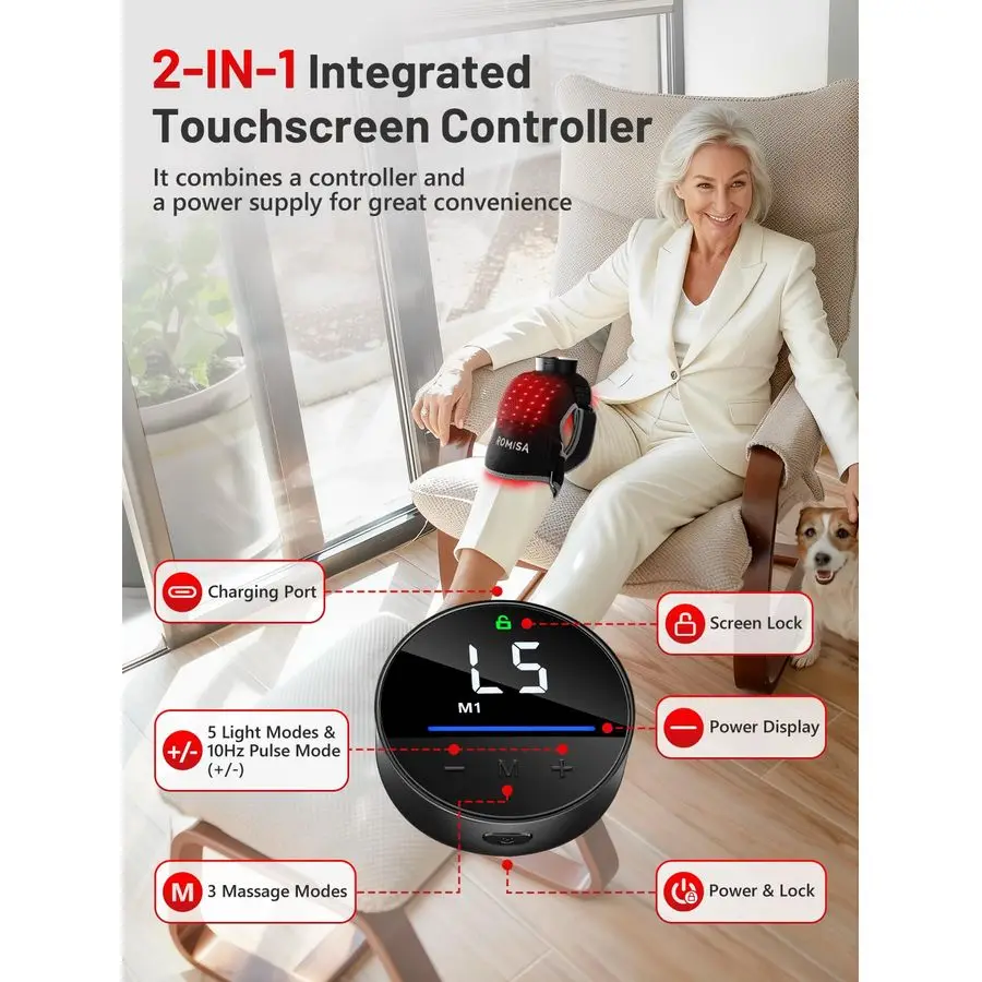 دعامة الركبة للعلاج بالضوء مع تدليك أمبير حراري، وحدة تحكم لاسلكية قابلة لإعادة الشحن، مؤقت تلقائي 20 دقيقة، 660 نانومتر أمبير 850 نانومتر بالقرب من الأشعة تحت الحمراء