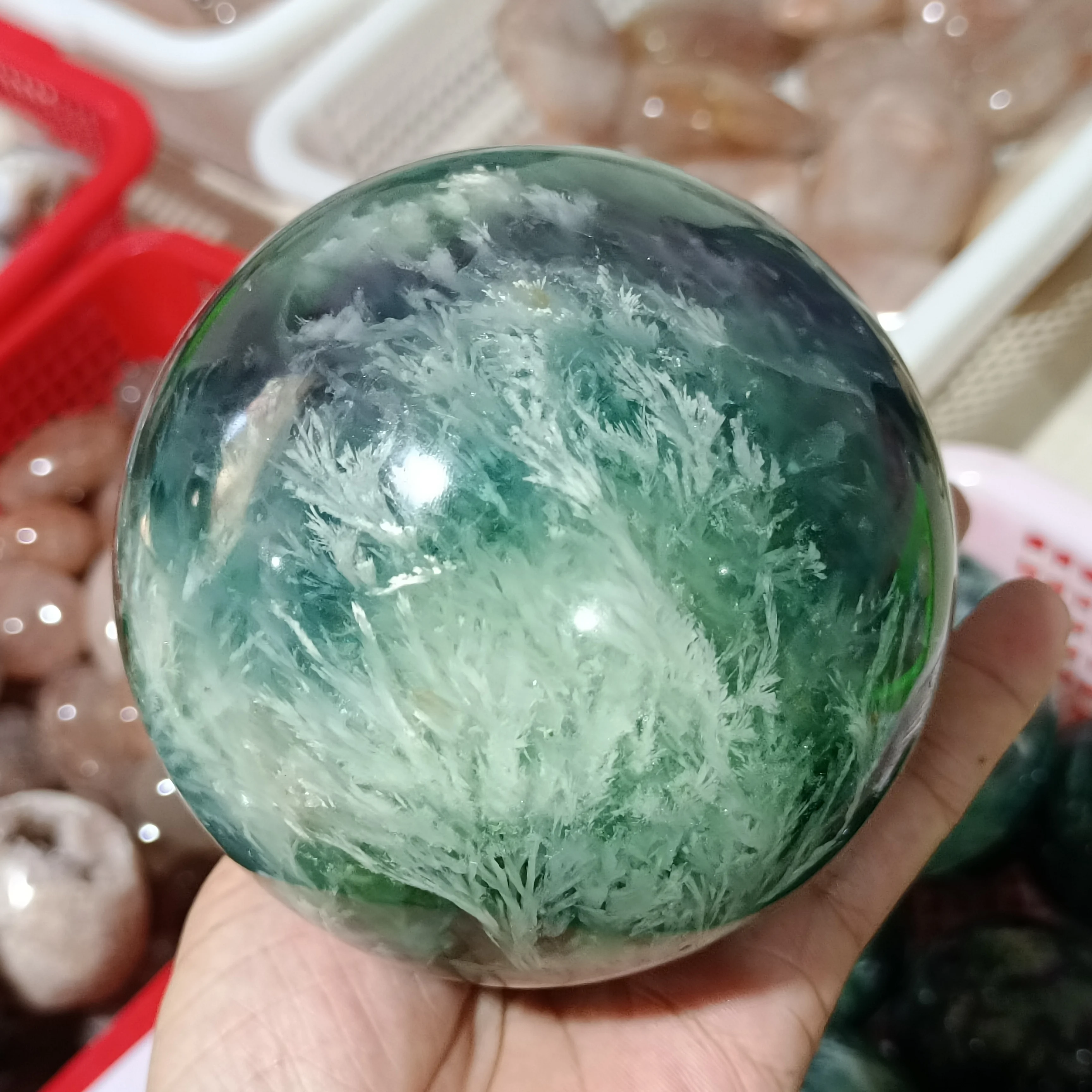 Magical Natural Feather Fluorite Ball Quartz Crystal Mineral Specimen Reiki Healing Home Office Degaussed DecorativeEnergy Gem