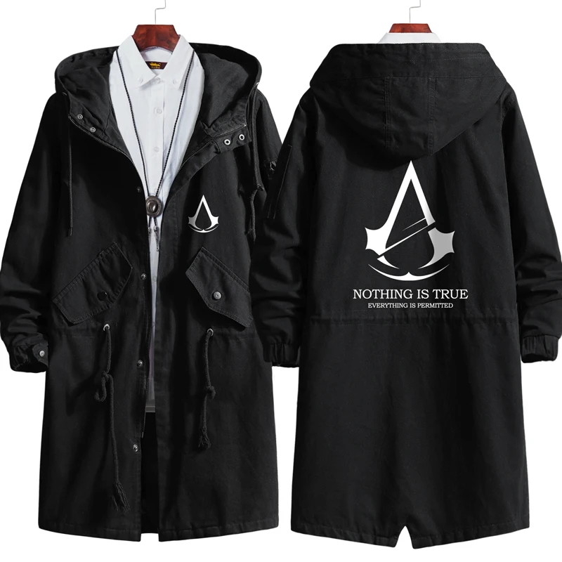 

Spring Autumn Winter Men Assassin Master Hooded Jackets Popular Printing Windbreaker Overcoat Male Casual Outwear Trench