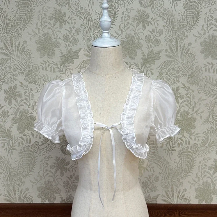 2025 Lolita Women Summer Crop Blouse  Y2k  Sweet Bandage JK Blusas Capes Cosplay Harajuku Ruffled Puff Sleeve Shirt Kawaii Mujer