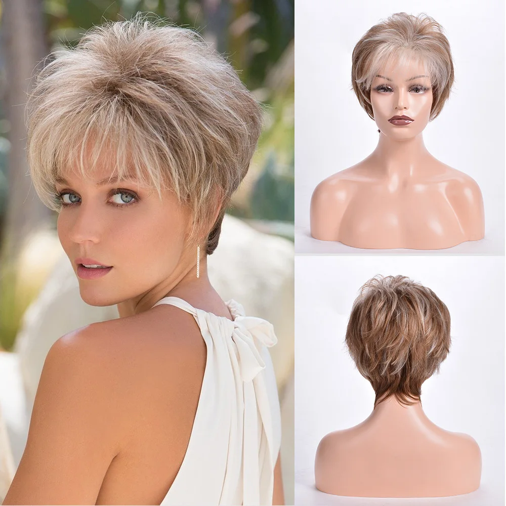 OUCEY-Peluca de cabello sintético resistente al calor para mujer, postizo de pelo falso de aspecto Natural, corte Pixie, color rubio y marrón