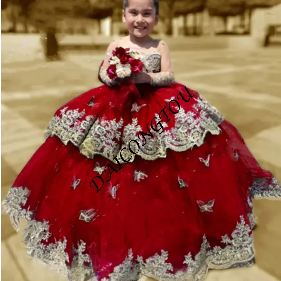 

Customized Royal Black Flower Girl Dresses For Wedding Gold Appliques With Bow Kids Birthday Party First Communion Pageant Gown