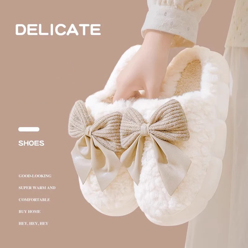 Cotton slippers for women bow slippers for autumn and winter warm for women thick soled non slip home plush slippers