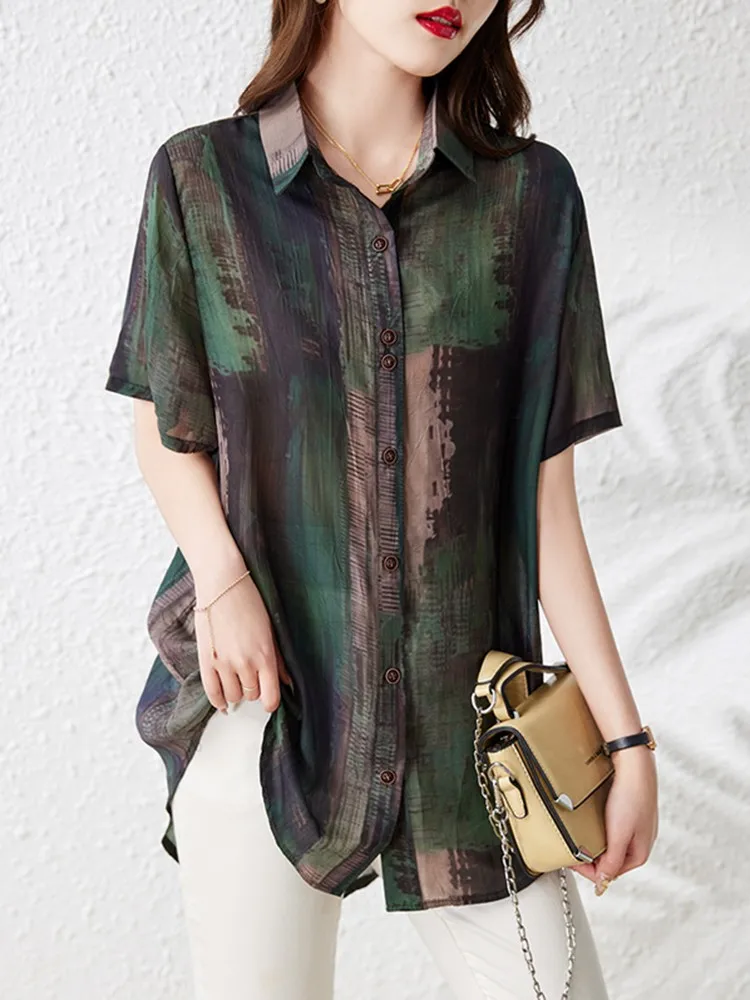 Women Summer Casual Shirts New Arrival 2023 Korean Style Turn-down Collar Vintage Print Loose Female Short Sleeve Tops B2562