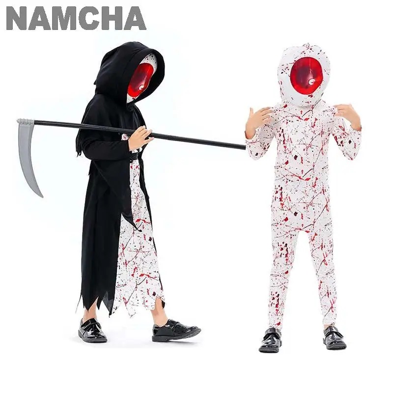 

Halloween Grim Reaper Devil's Eye Vampire Cosplay Clothes Kid Bodysuit Hat Belt Sickle Gloves 5Pcs Masquerade Role Play Costumes