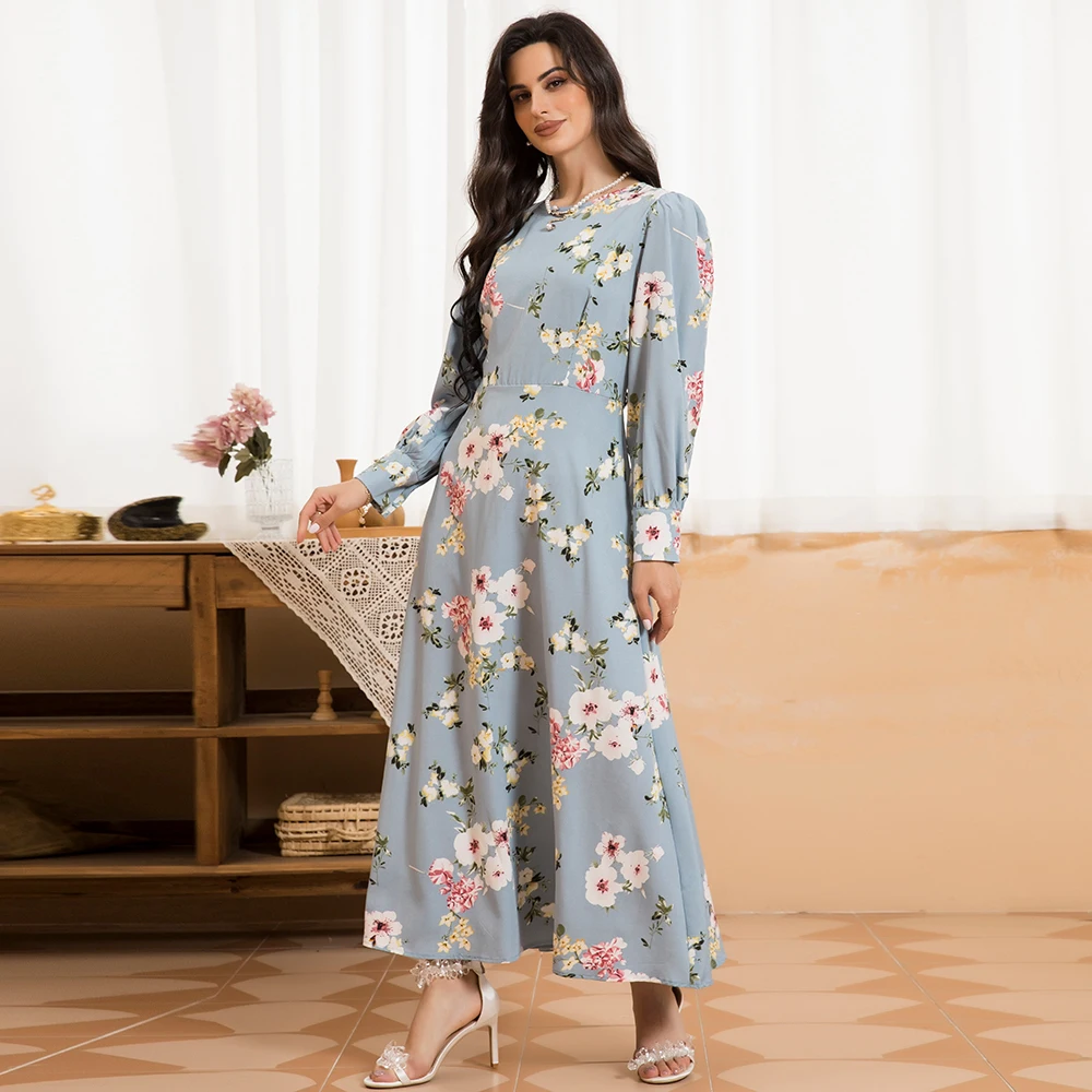 Holiday style Round neck Flowers Lantern sleeve Long Dresses