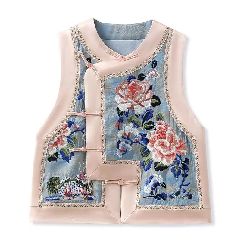 

Топ в китайском стиле, женская одежда Тан, Ципао с цветочным принтом, женский жилет без рукавов с воротником-стойкой, винтажная одежда, повседневная одежда 2025