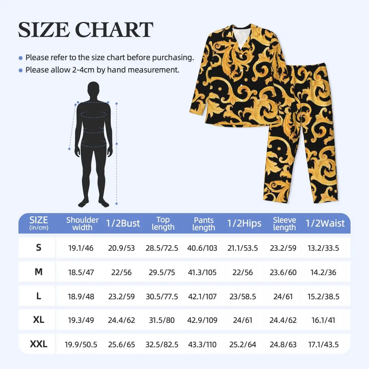 Baroque Print Pajama Sets Gold Floral Trendy Sleepwear Men Long Sleeves Casual Room 2 Piece Home Suit Large Size