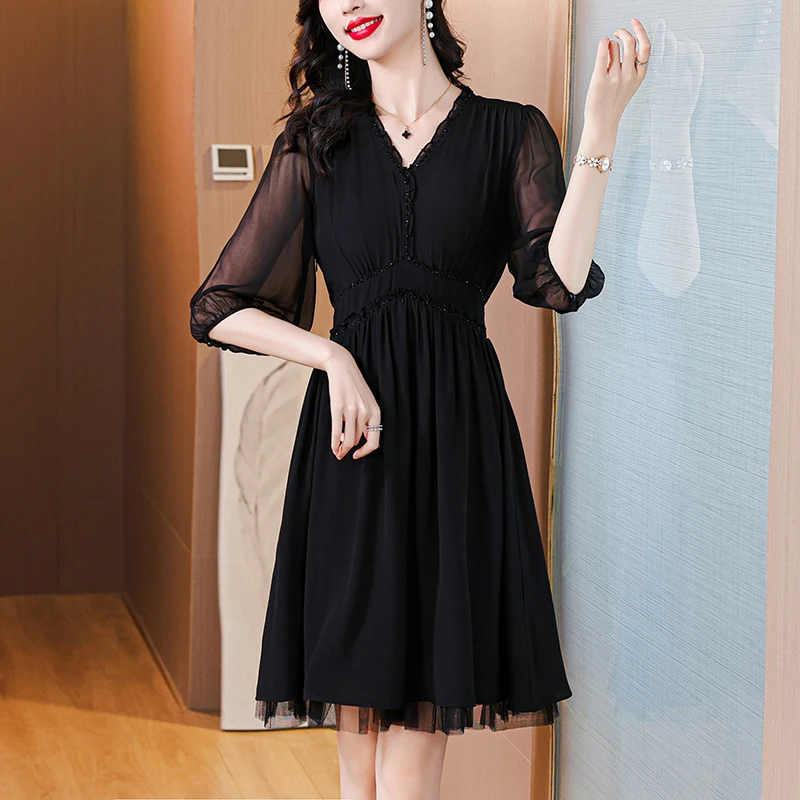 2025 Summer Korean Beach Black Loose Midi Dress Women Vintage Luxury Bodycon Dresses Elegant Casual Night Party Vestidos