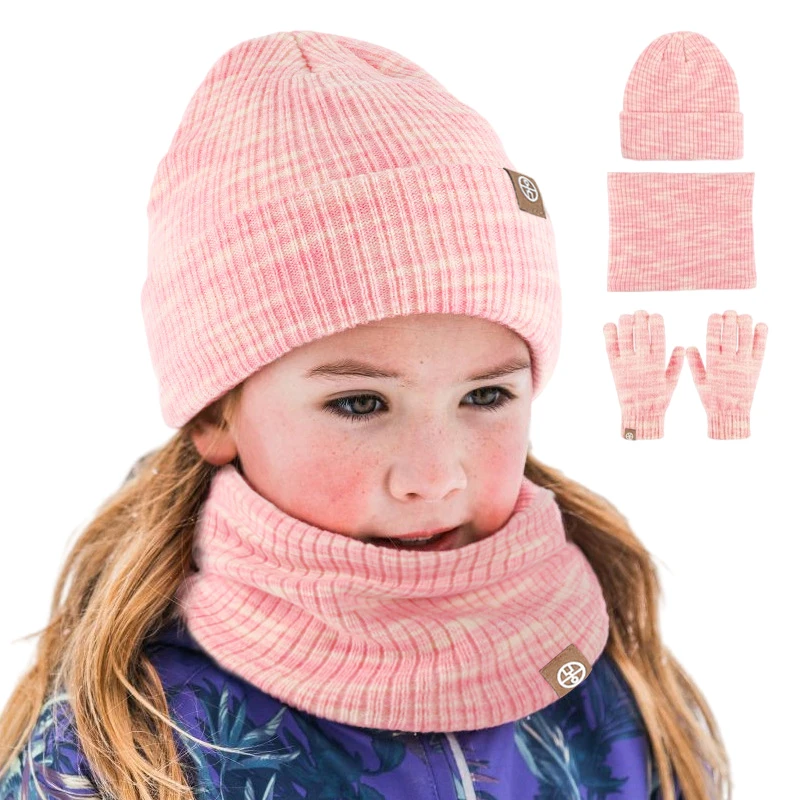 3pcs Kids Winter Hat scarf and Touchscreen Gloves Set Girls Boys Toddler Children Hats Beanie Knit Neck Warmer Fleece Lined Set