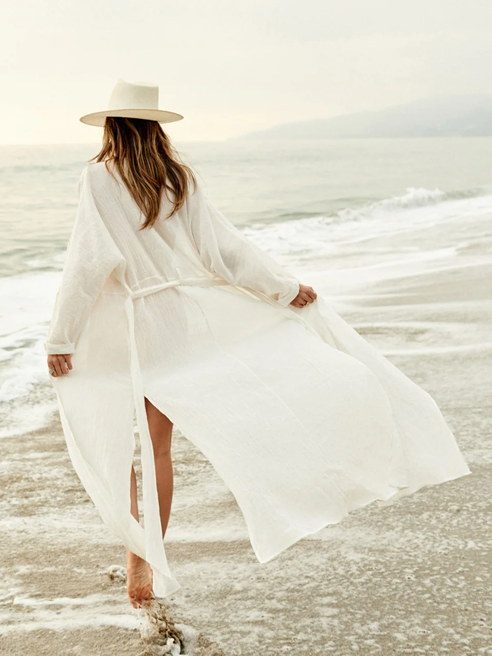 Vestido largo de Kimono liso para mujer, vestido playero con cordones, cárdigan, traje de baño para vacaciones