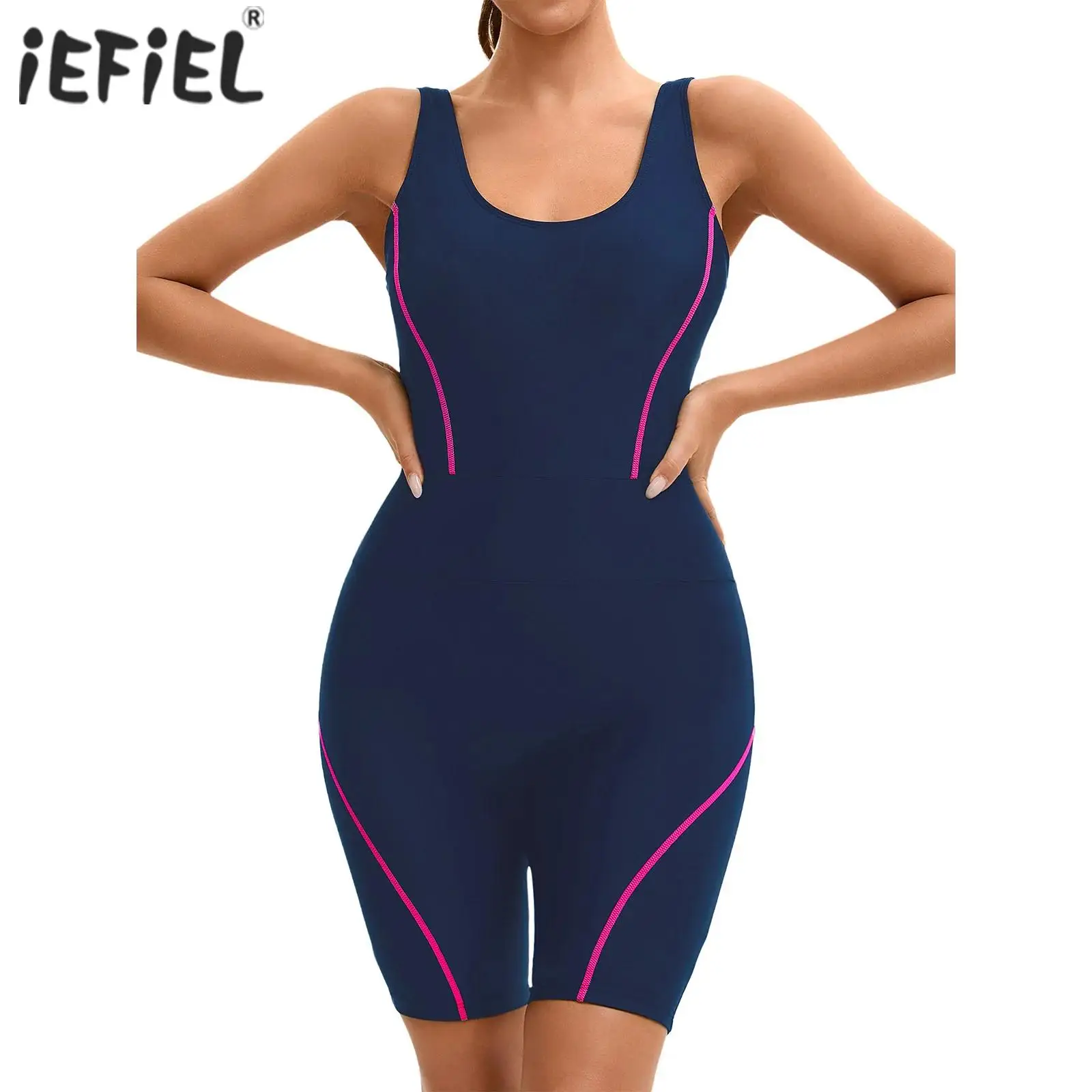 

Womens Swim Leotard One-Piece Swimsuit Contrast Color Bathing Suit U Neck Sleeveless Jumpsuit Surfing Swimwear Beachwear Romper