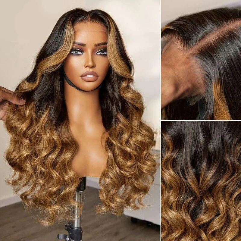 Long Black To Brown Wig Wave T Part Lace Front 100% Hair Wig Pre Plucked