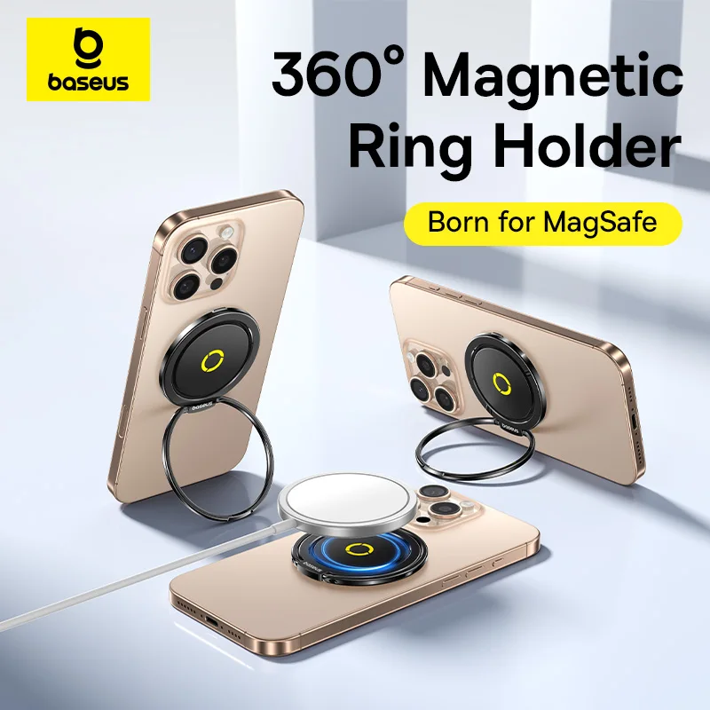 Baseus Magnetic Phone Ring Holder Compatible MagSafe Wireless Charging for iPhone 16 15 14 Pro Max Rotatable Mobile Phone Stand