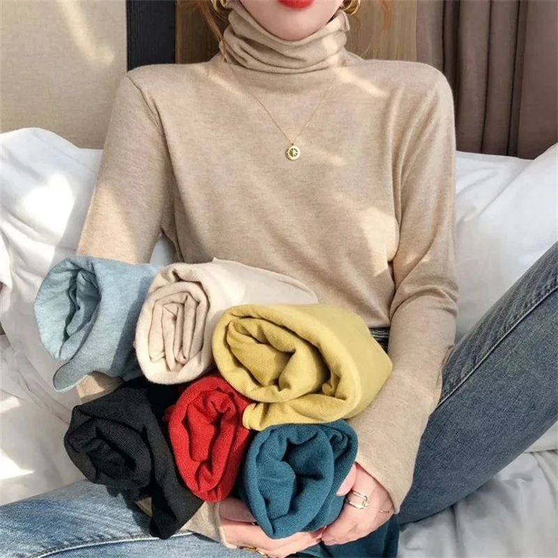 Women Sweater Autumn Winter Turtleneck Warm Knitwear Korean Casual Solid Bottoming Shirt Fashion Knit Pullovers Brown Sweater