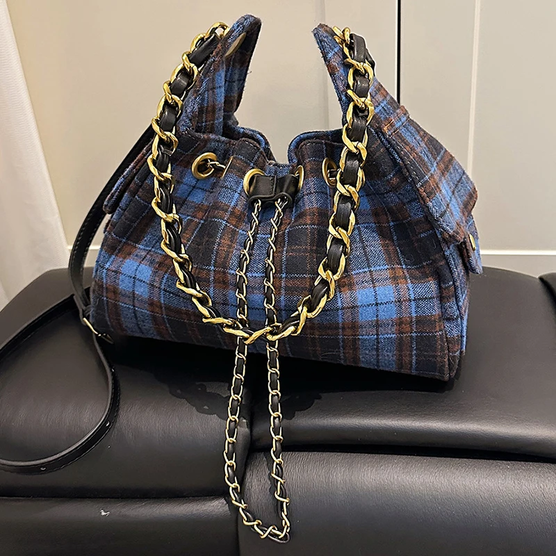 

Stylish Plaid Shoulder Bag Casual Minimalist Color-blocked Chain Bag Women Exquisite Versatile Shopping Commuting Bucket Bags