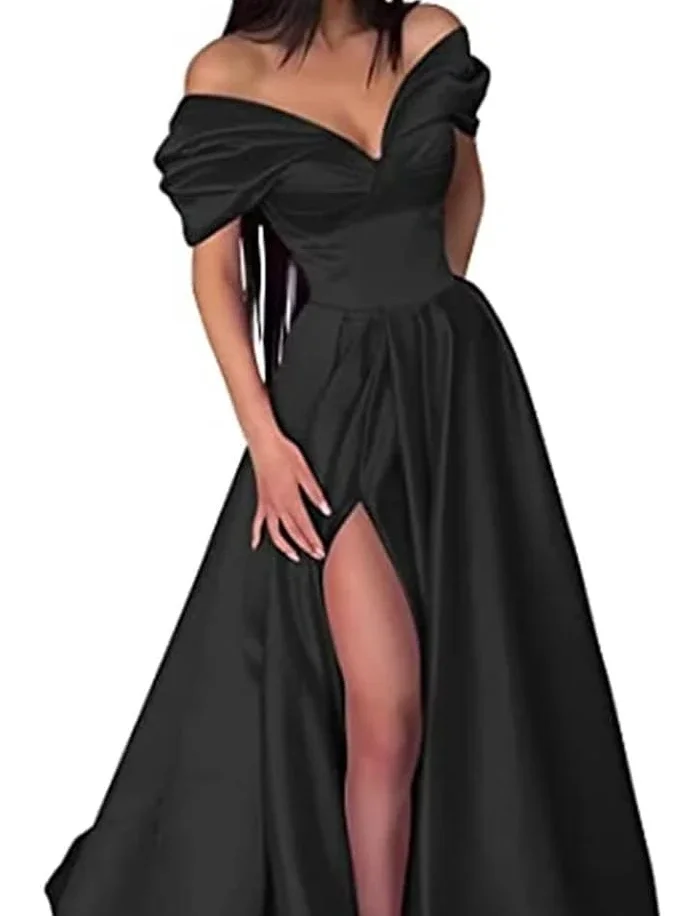 Customized Off Shoulder V-neck Vestidos De Mujer Slim Waist Split Prom Dresses With Pockets Long Pleates Formal Evening Gowns