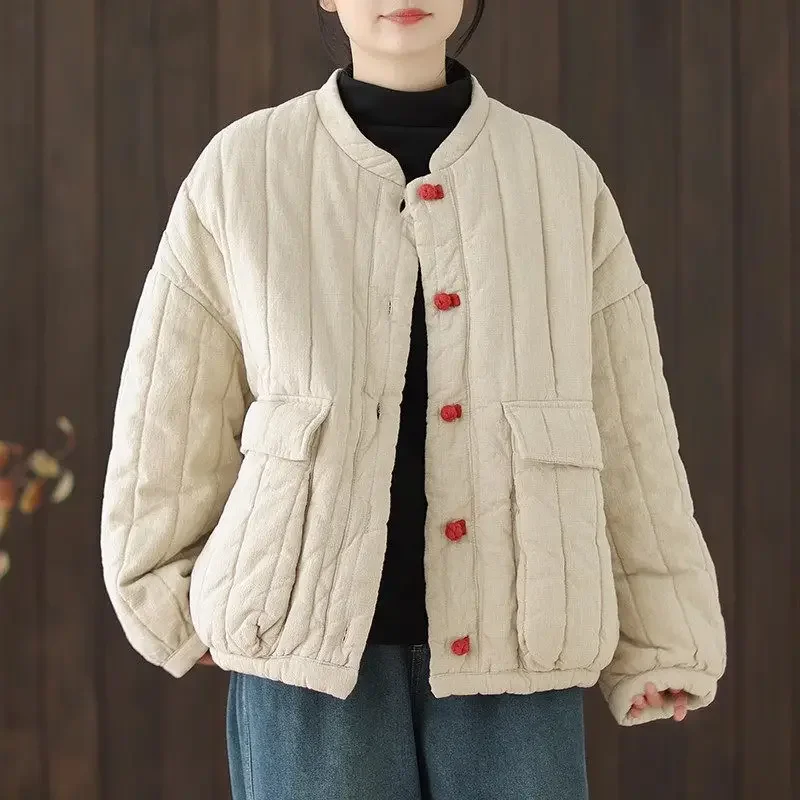 Cotton And Linen Women's Quilted Jacket 2025 New Autumn And Winter Retro Chinese Style Short Thick Casual Padded Coat Top K2675