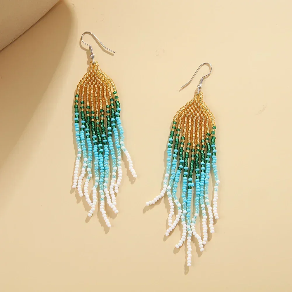 Beaded earrings Gradient Retro Hand weaving Bohemia Tassel Tidal current Female Gradient color Simplicity Alloy Beaded earrings