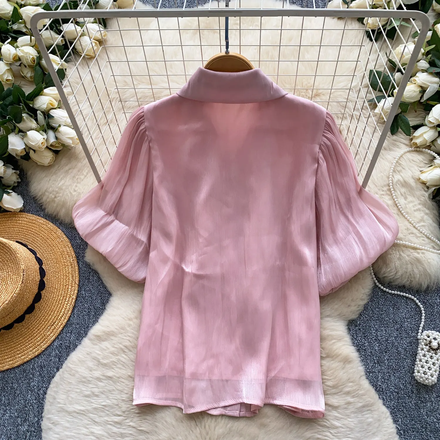 French Royal Style Blouse for Women Summer Satin Silk Short Sleeve Lantern Sleeve Ruffle Shirt Elegant Office Wear Female BL436 view 2