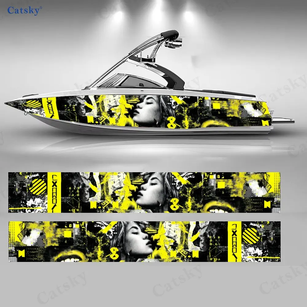 Punk Skull Collage Boat Stickers, PVC Waterproof Durable Vinyl Wrap Decals for Fishing Boats, Durable and Stylish Design