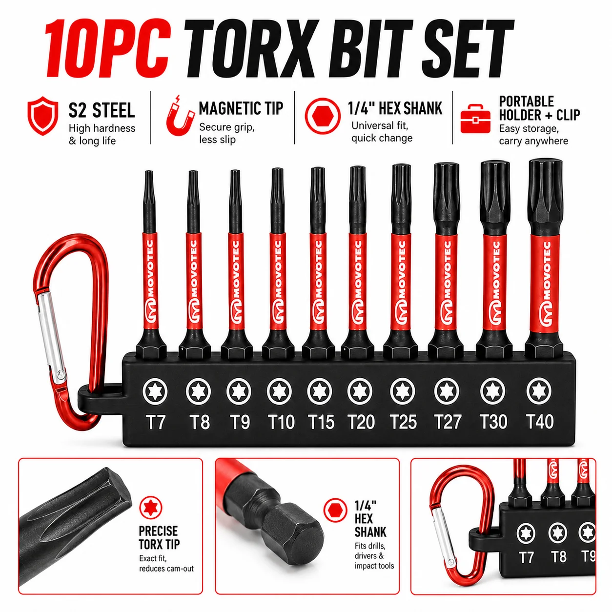10-Piece Set of Magnetic Torx Bits, T7-T40 Full Range of Sizes, S2 Steel 1/ 4inch Hex Shank, with Portable Storage Base and Hanging Hook, Suitable for Electric Drills, Ratchets, Car and Bicycle Repairs